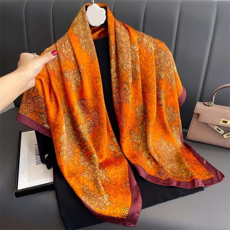 Women's Elegant Sweet Minimalist Color Block Satin Printing Floral Silk Scarf