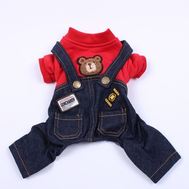 Bear Pattern Dog Cat Denim Jumpsuit