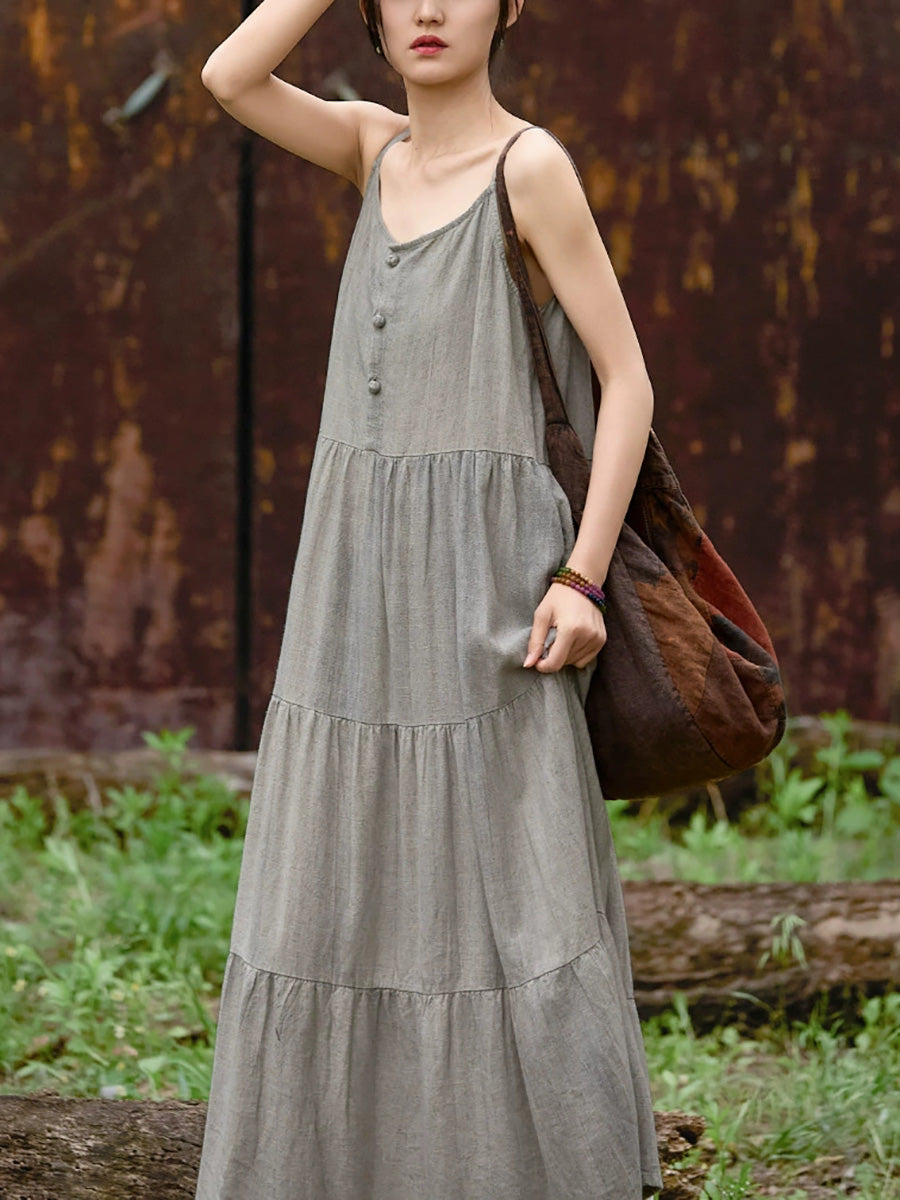Women Summer Pure Color O-Neck Linen Maxi Vest Dress