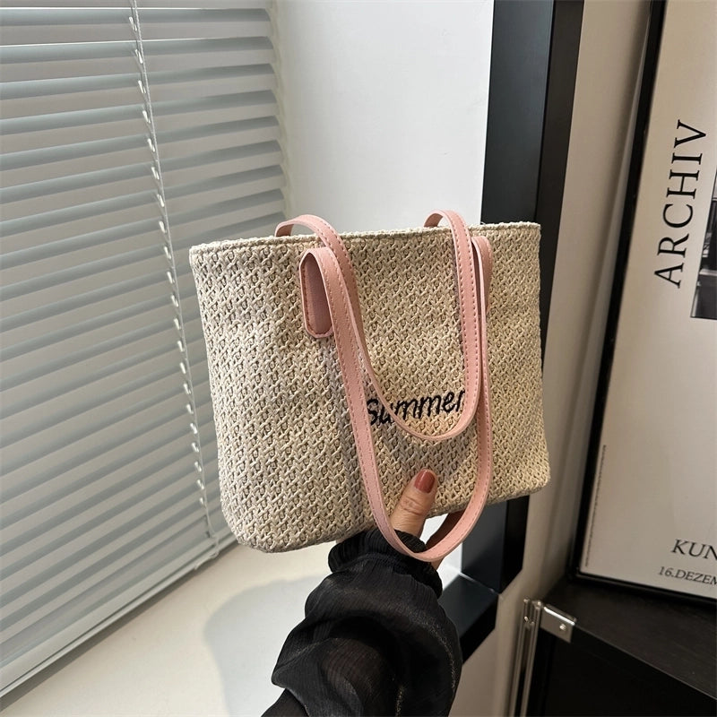 Women's Medium Straw Letter Vacation Beach Weave Zipper Straw Bag