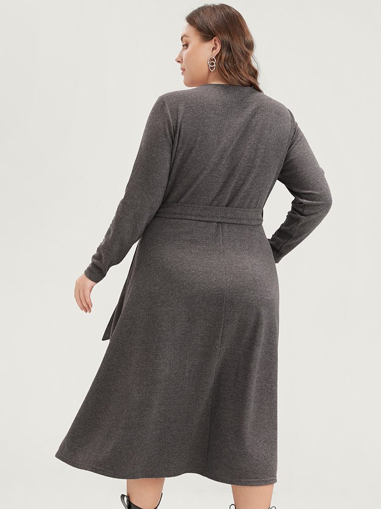 Solid Pocket Button Up Belted Rib Knit Dress