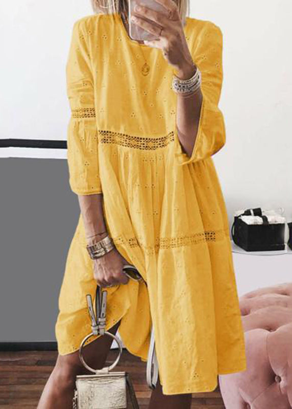 Boho Yellow O-Neck Hollow Out Cotton Long Dresses Bracelet Sleeve Summer