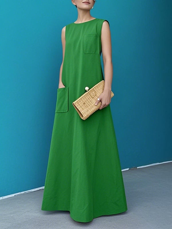 A-Line Loose Pockets Solid Color Round-Neck Maxi Dresses