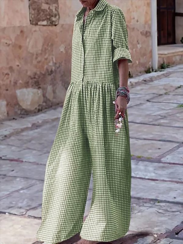 Long Sleeves Loose Buttoned Plaid Pleated Split-Joint Lapel Jumpsuits