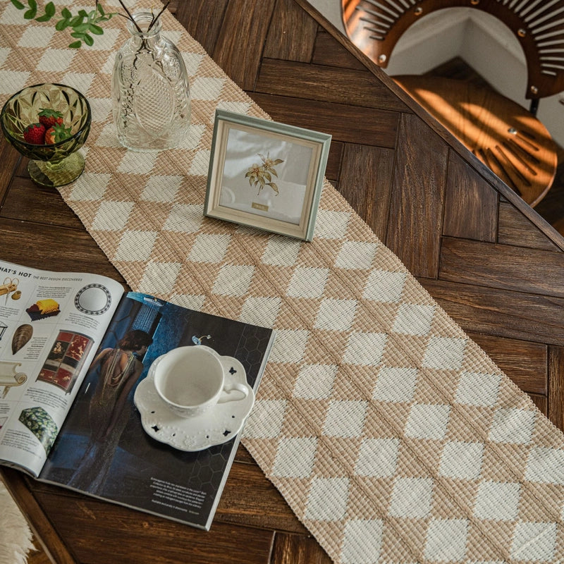Table Runner Cotton Thread Rhombus Contrast Color Stitching Woven Tassel Natural Material  Holiday