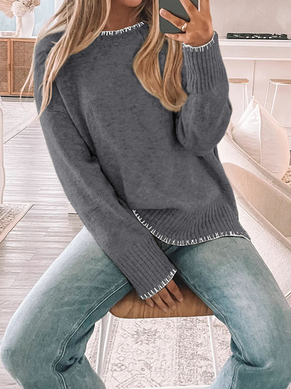 High-Low Long Sleeves Split-Joint Split-Side Round-Neck Pullovers Sweater Tops