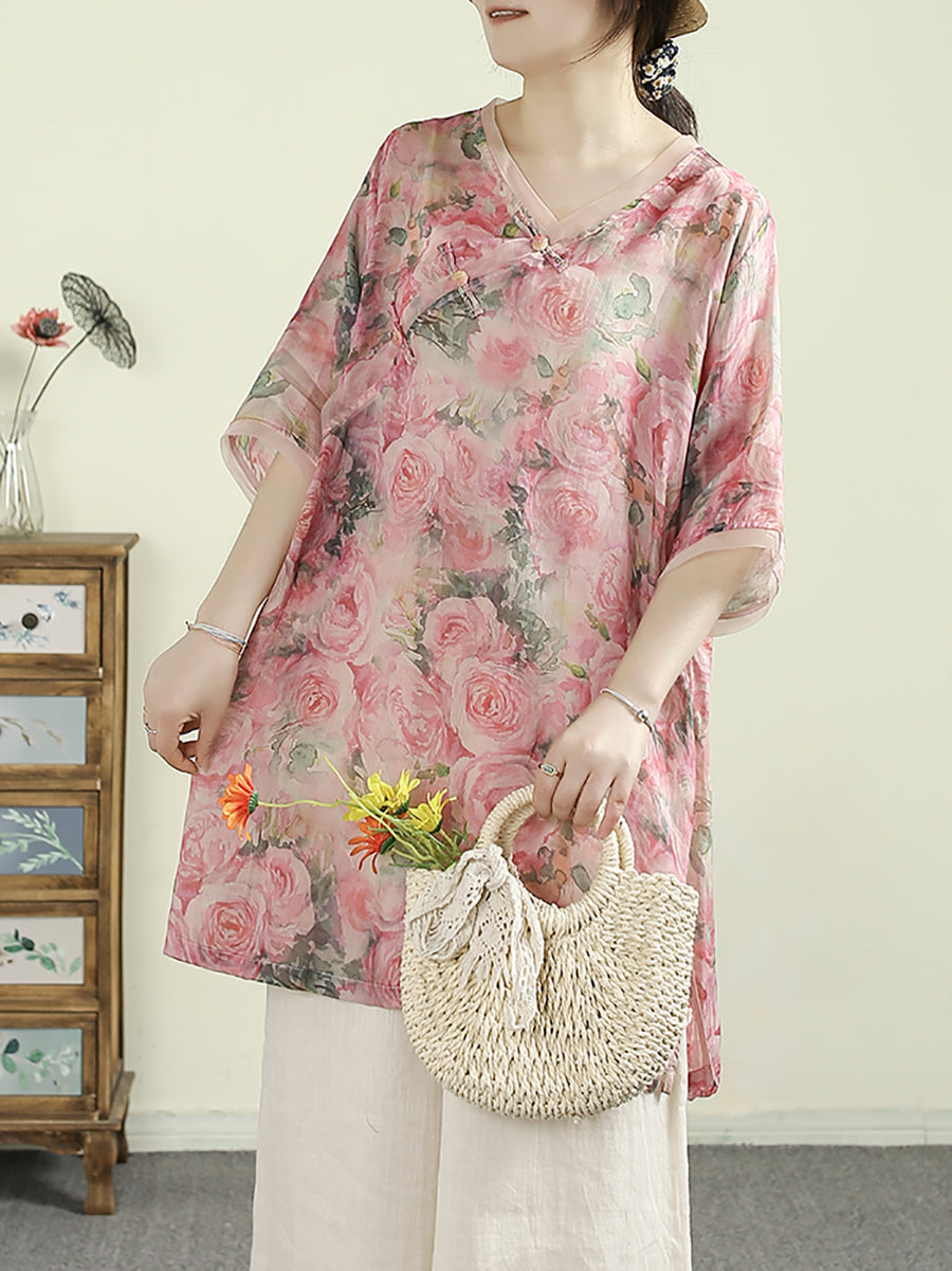 Women Summer Ethnic V-Neck Flower 100%Ramie Shirt