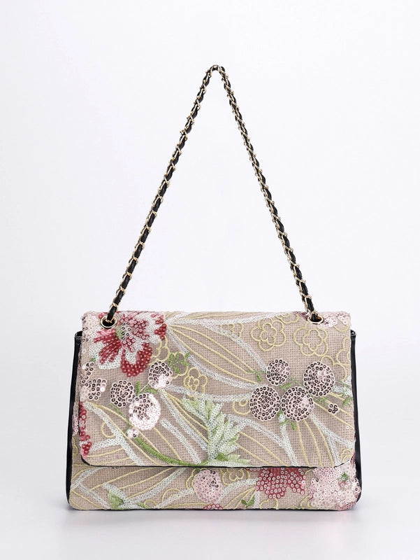 10 Pieces Women's Large Hemp Material Flower Elegant Sequins Square Flip Cover Crossbody Bag