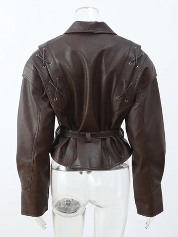 Long Sleeves Loose Split-Joint Tied Waist Lapel Jackets Outerwear