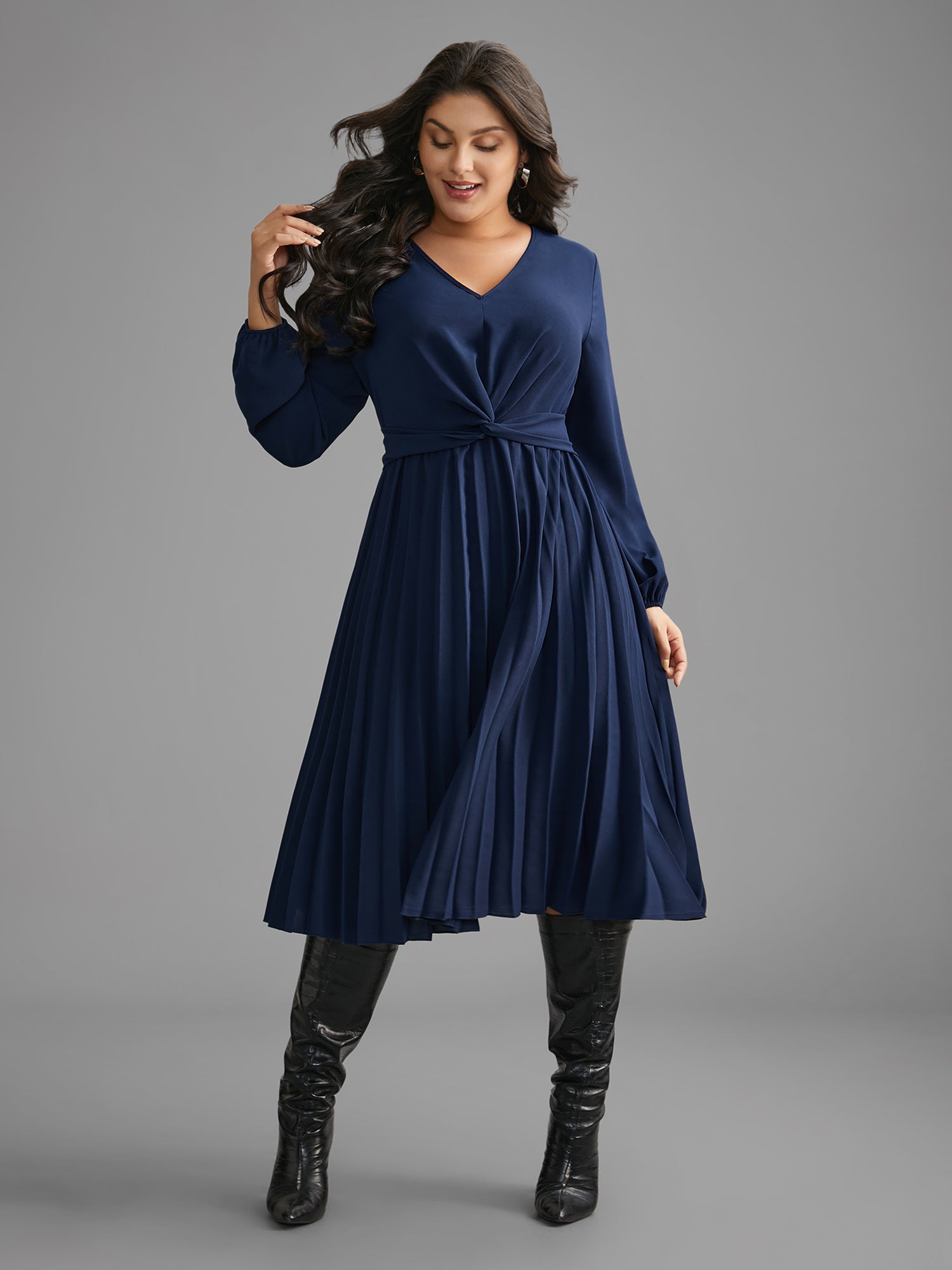 V Neck Twist Front Pleated Dress