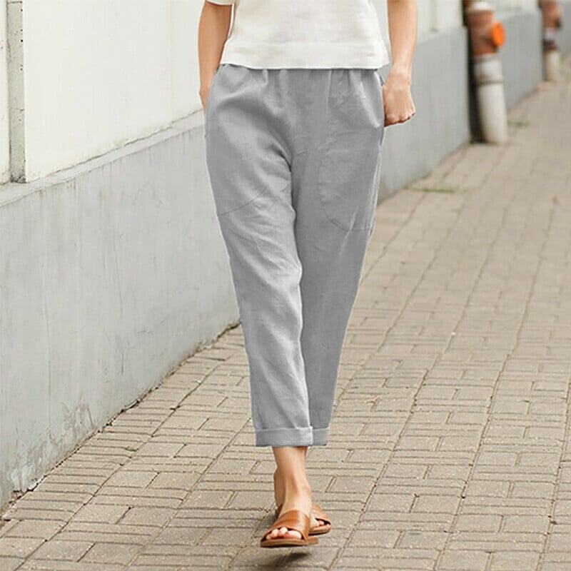 Solid Color Cotton and Linen Casual Pants with Pockets