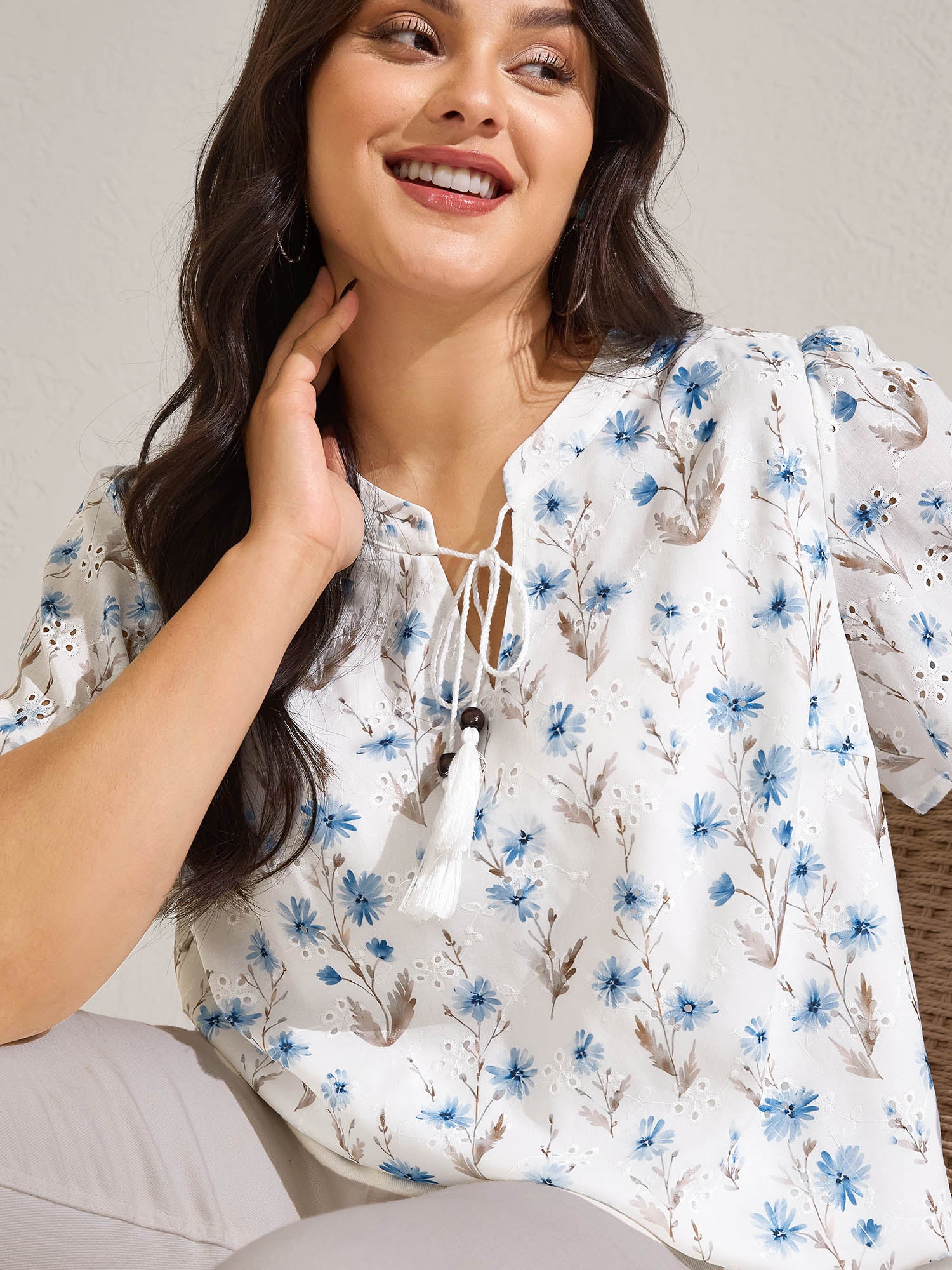 Cotton Embroidered Tassel Tie Flowy Blouse