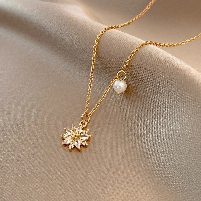 Elegant Minimalist Geometric Titanium Steel Plating Inlay Artificial Pearls Shell Zircon Necklace