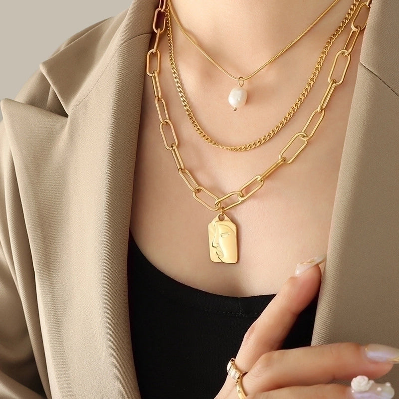 Fashion Human Face 304 Stainless Steel Freshwater Pearl 18K Gold Plated Plating Necklace