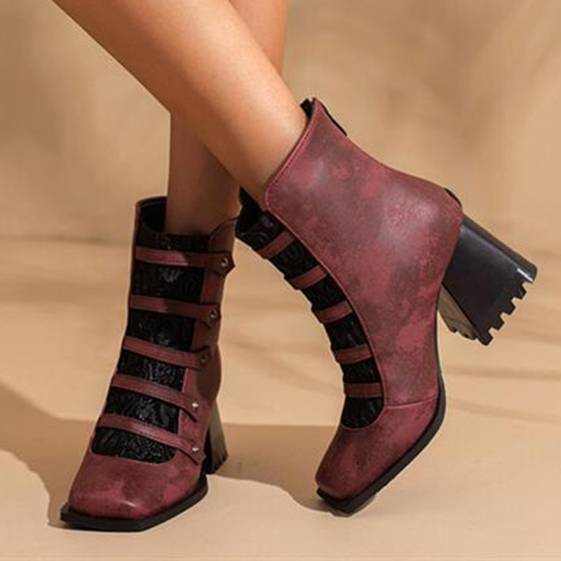 Colorblock Button Decor Square Toe Chunky Heels Ankle Boots