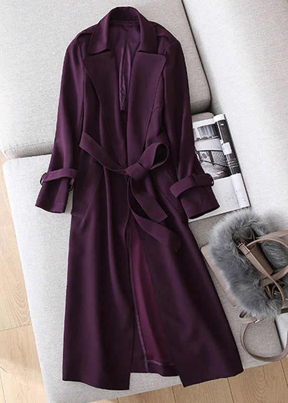 Women Dark Purple Notched Pockets Trench Coats Long Sleeve