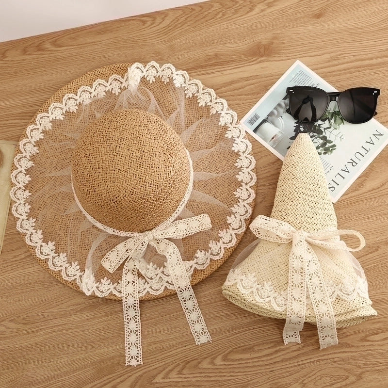Simple Straw Hat Lace Bows Hat Female Sunshade French Ladies Top Hat