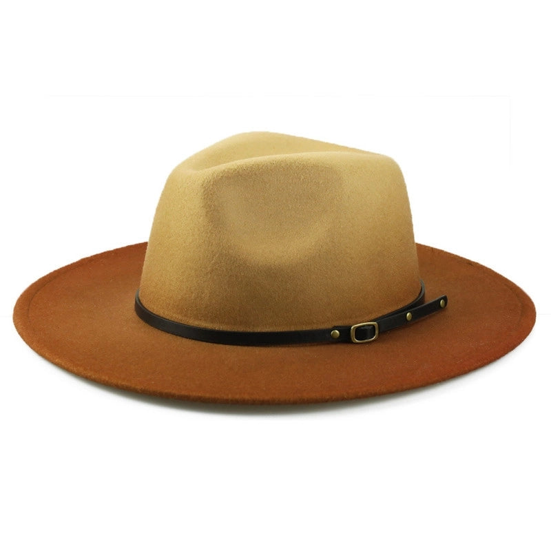 New Fashion Woolen Hat Belt Gradient Color Felt Hat Autumn And Winter Big Brim Men And Women Jazz Hat Two-color British Hat