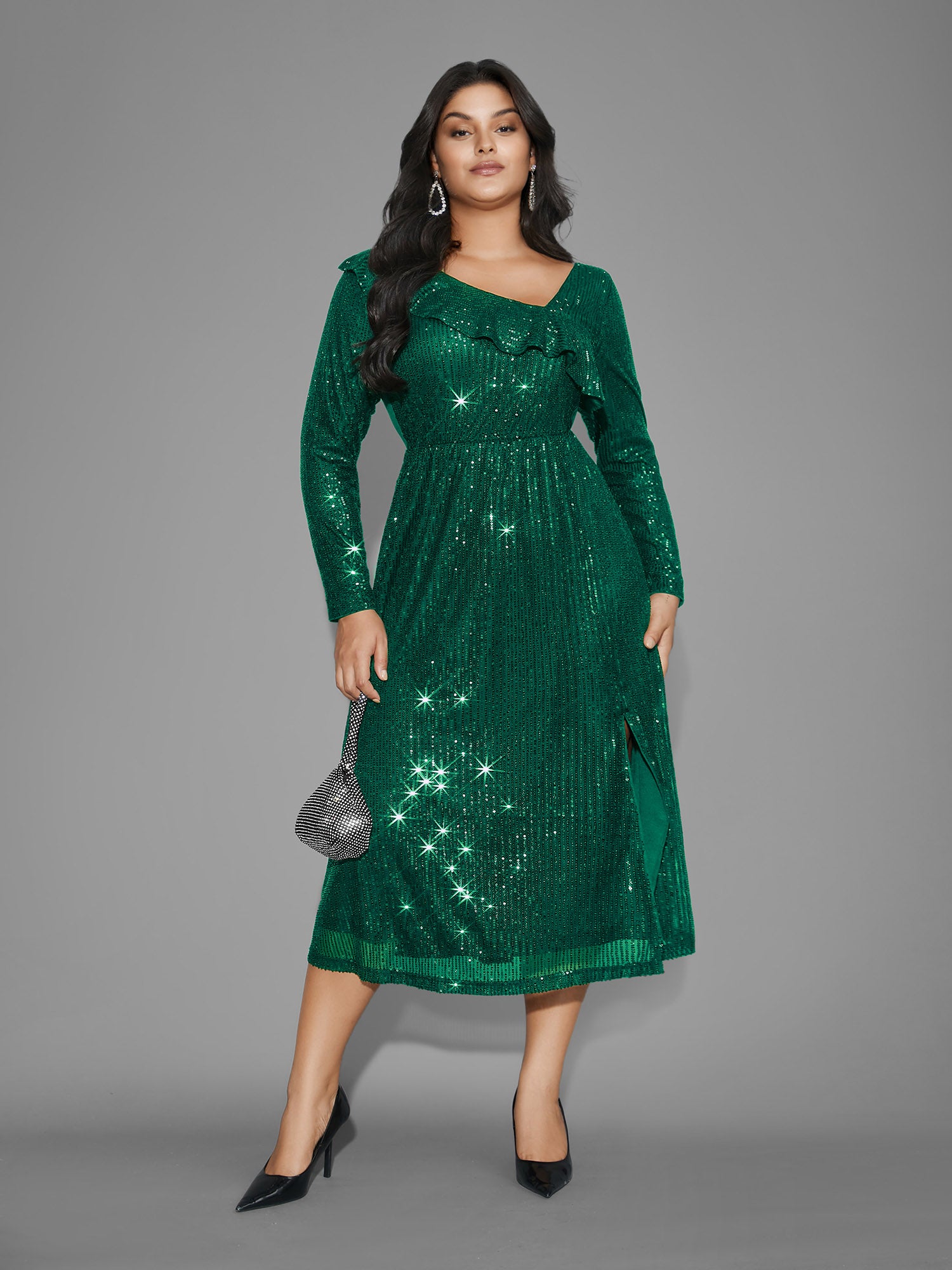 Sequin Mesh Asymmetrical Neck Midi Dress