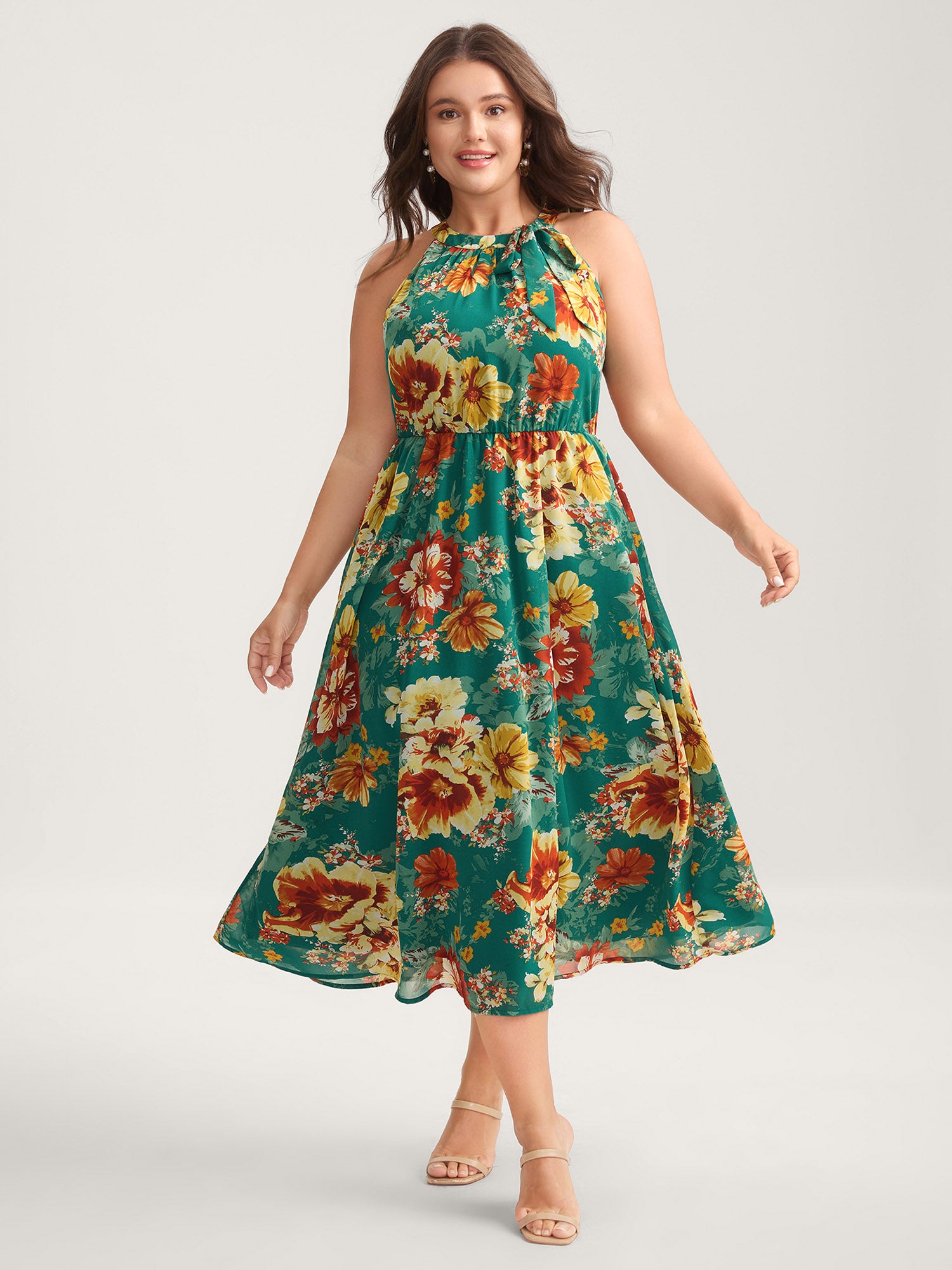 Large Floral Print Stretchy-Waist Midi Dress