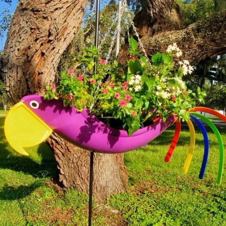 Bright Colorful Bird Hanging Planter Yard Decor