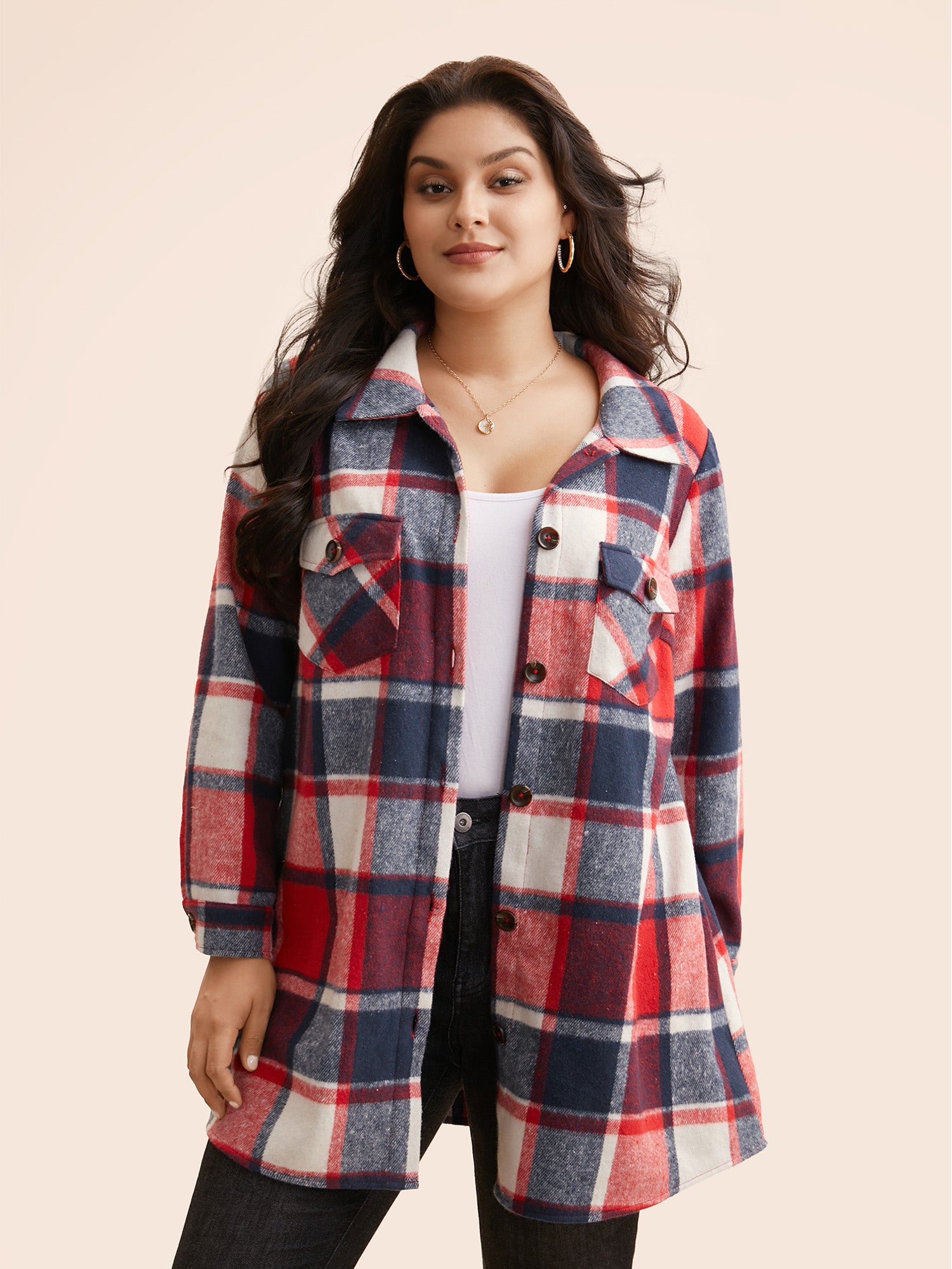 Plaid Chest Pockets Long Jacket