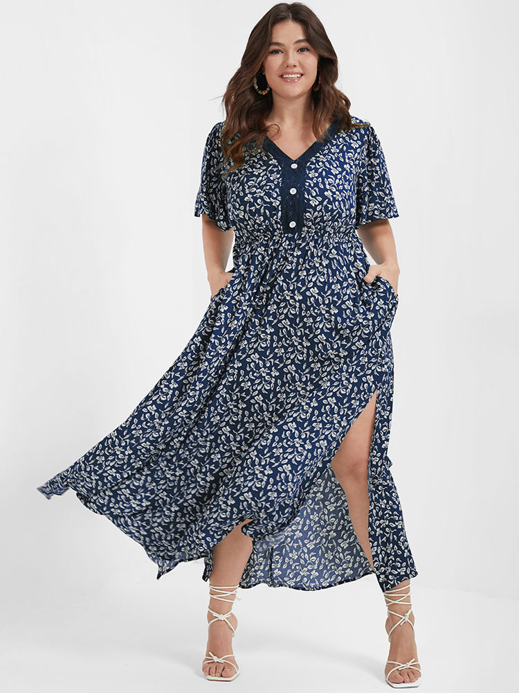 Ditsy Floral Button Lace Pocket Split Ruffles Maxi Dress