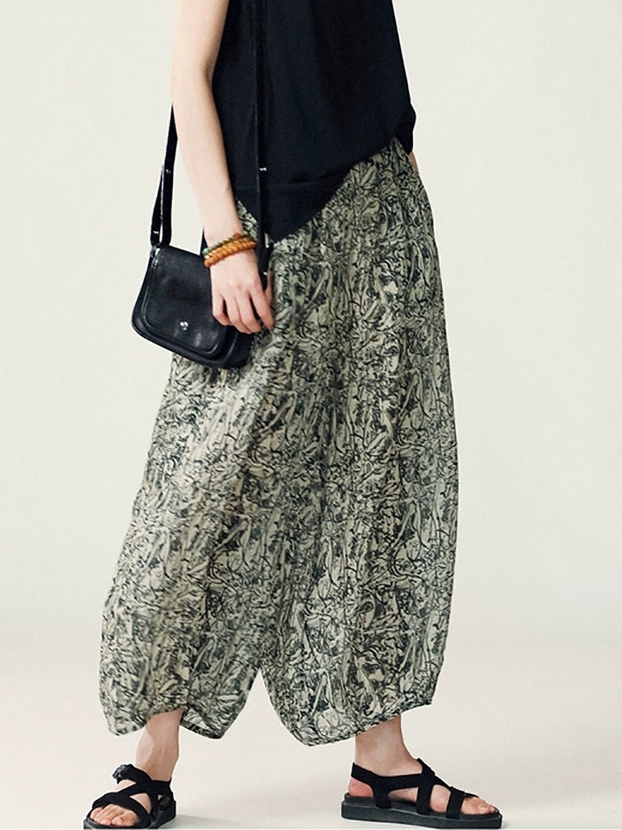 Women Summer Retro Floral 100%Ramie Wide-leg Pants