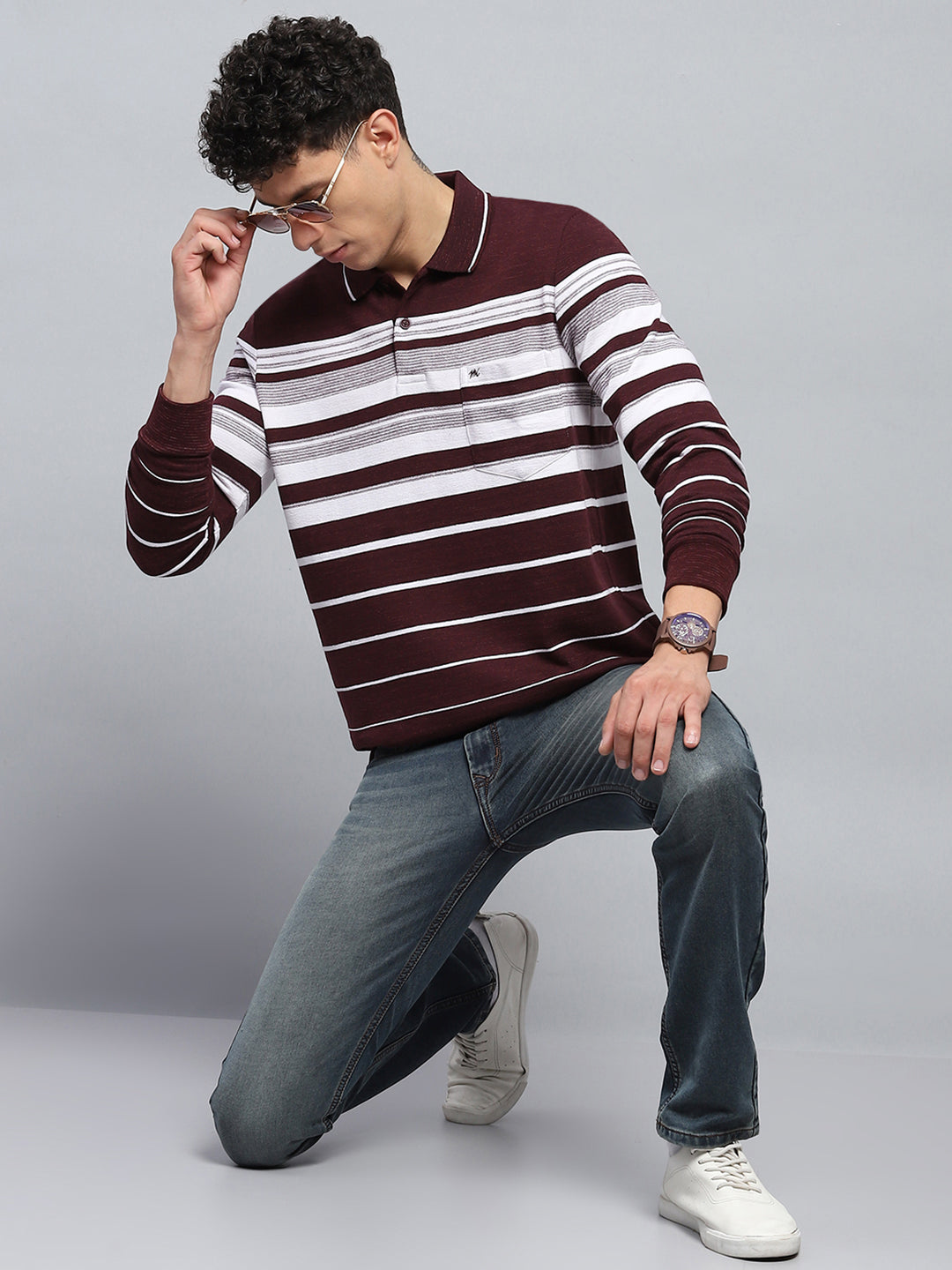 Men Maroon Stripe Collar Full Sleeve Winter T-Shirt