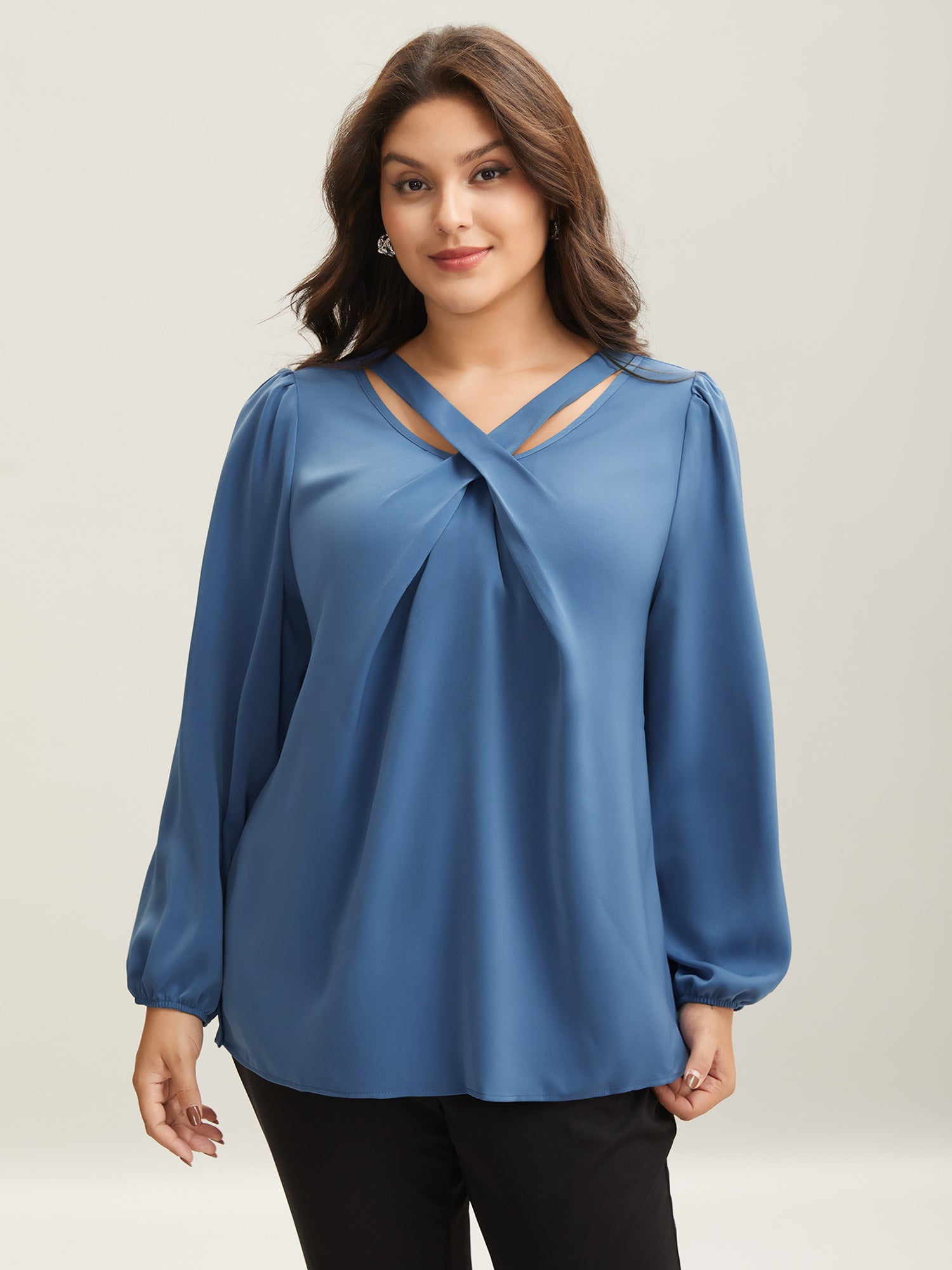 Criss Cross Neckline Puff Sleeve Gathered Blouse