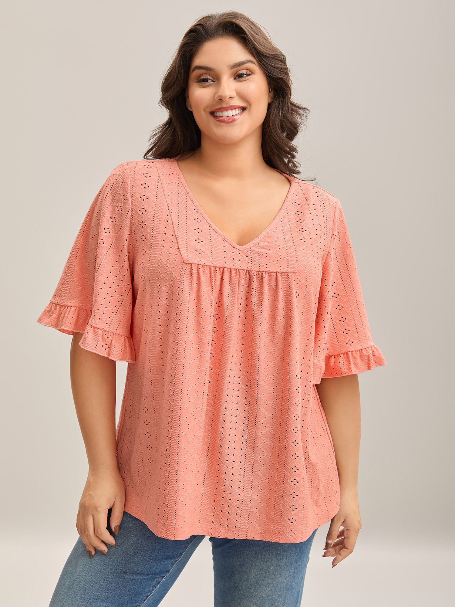 Eyelet Trim Ruffled Sleeve Knit Top