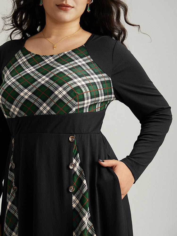 Christmas Plaid Patchwork Button Detail Dress
