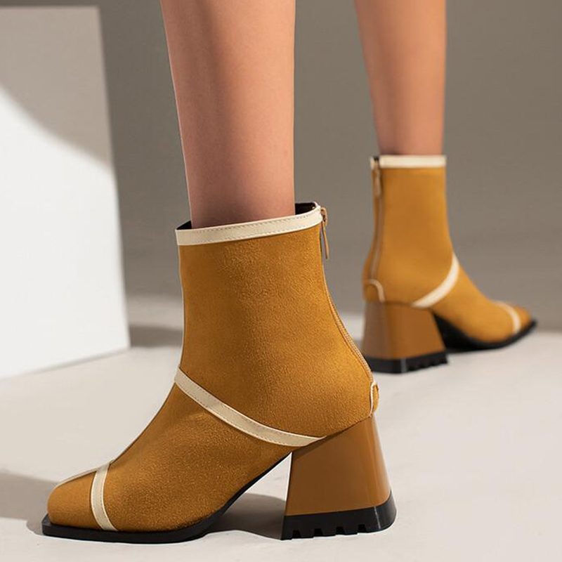 Contrast Binding Square Toe Chunky Heels Ankle Boots