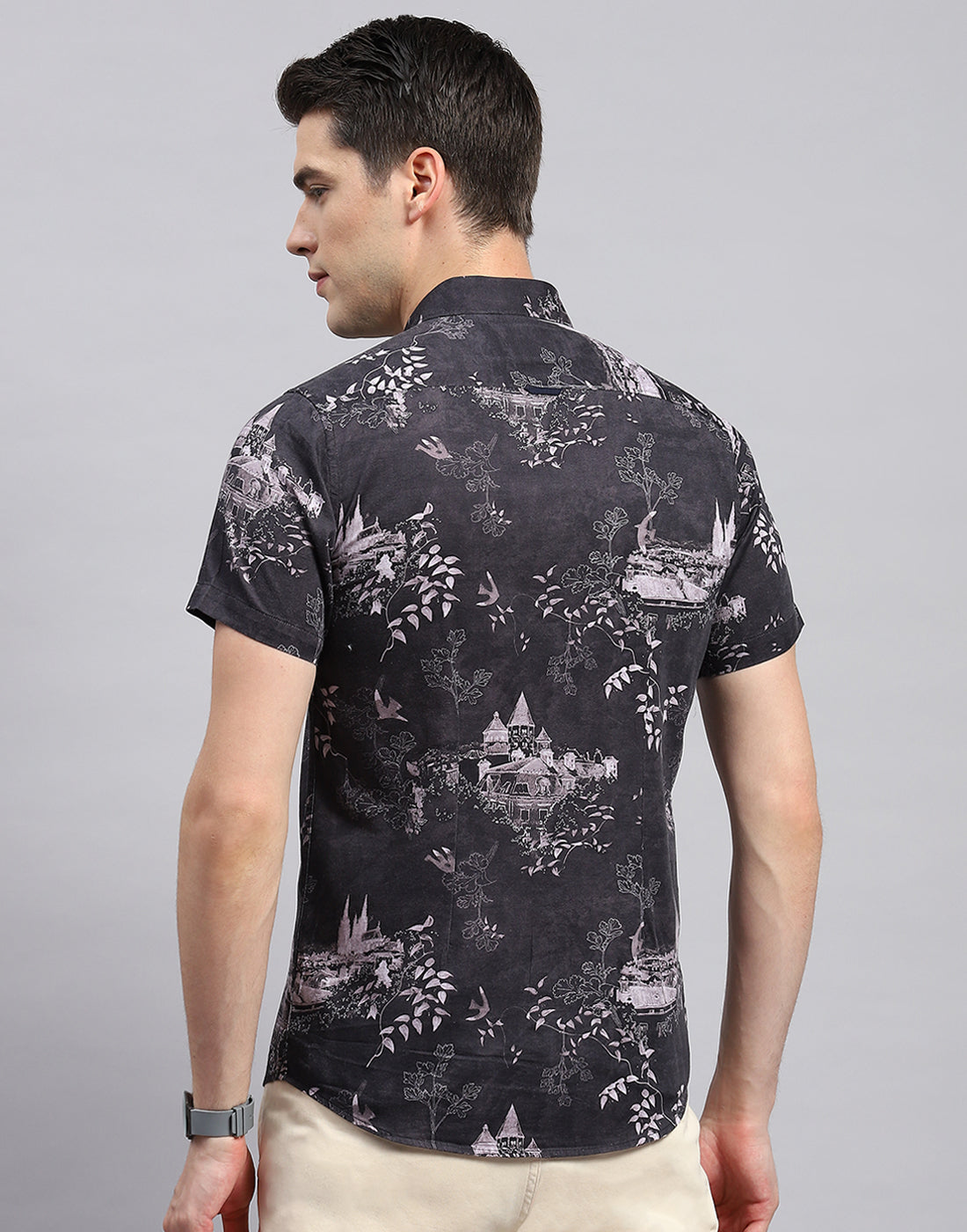 Men Black Printed Collar Neck Half Sleeve Shirt