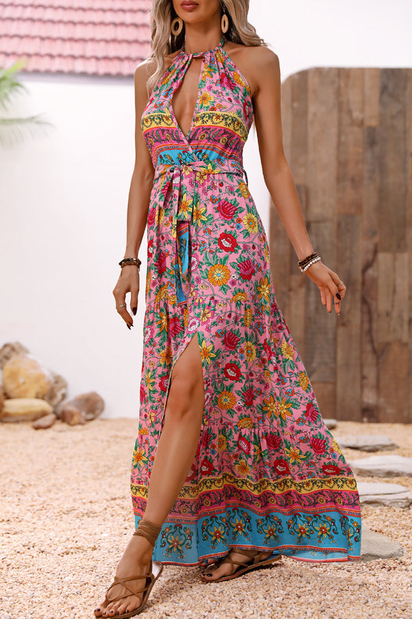 Bohemia Print Halter Neck Split Side Maxi Dress
