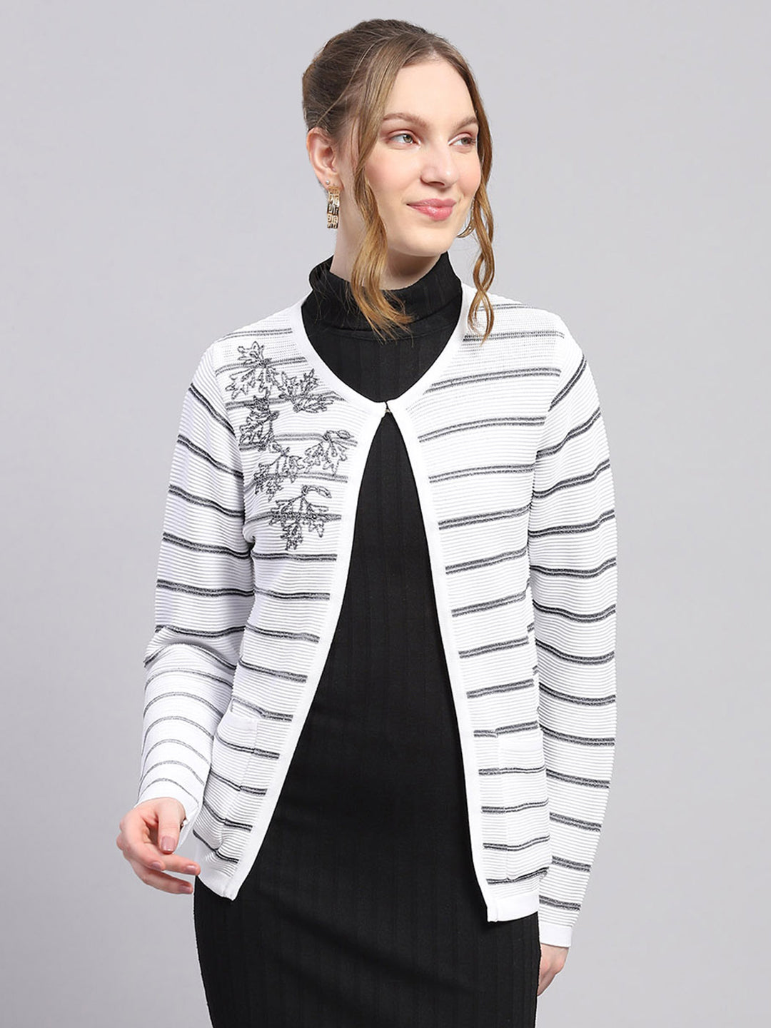 Women White Stripe Round Neck Full Sleeve Cardigan