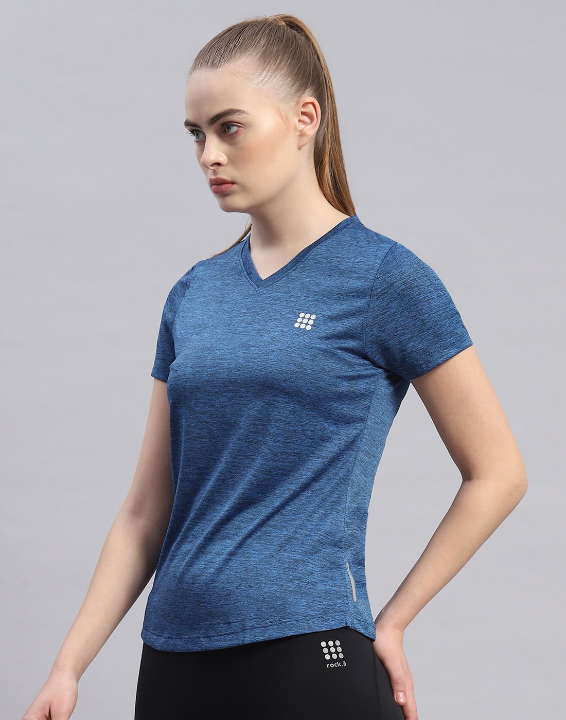 Women Navy Blue Solid V Neck Half Sleeve Top