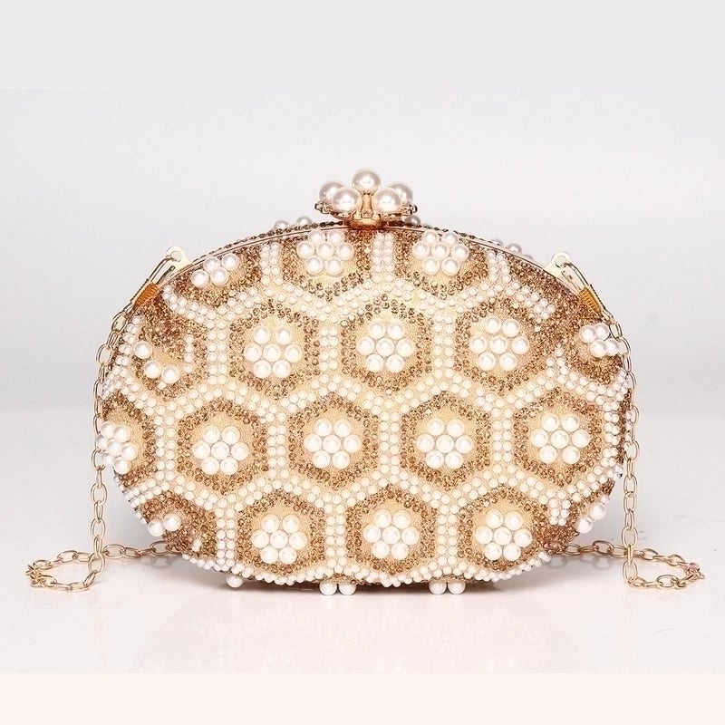 Gold Pu Leather Flower Oval Evening Bags