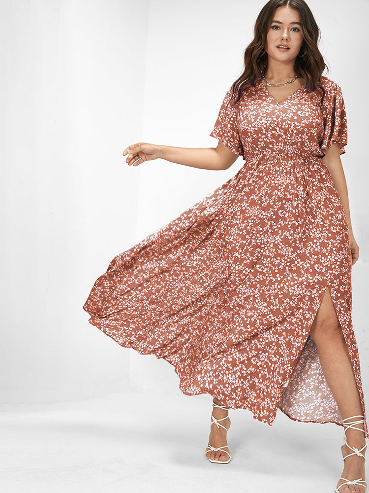 Bloom Dress - Flutter Sleeve Ditsy Floral Bag Split Maxi Dress