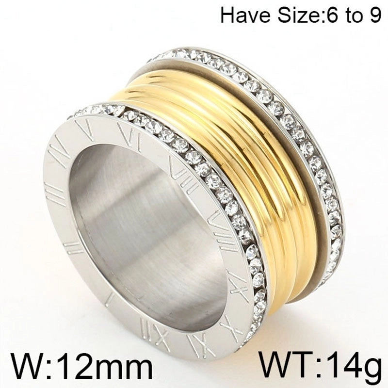 Lady Roman Numeral Titanium Steel Rhinestones 18K Gold Plated Inlay Rings