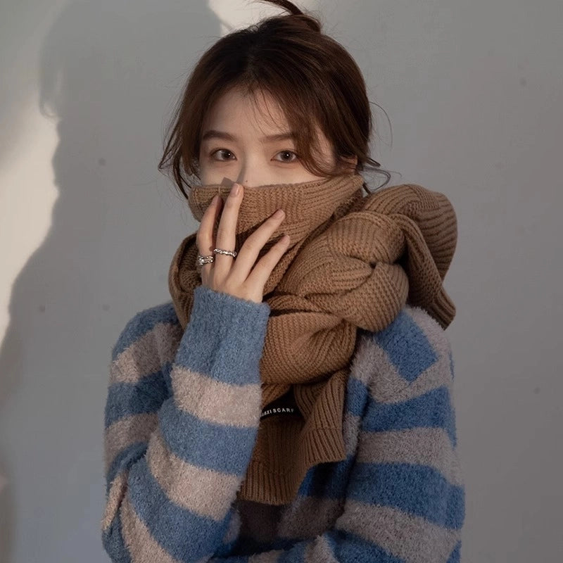 Solid Color Scarf Women's Winter Thickened Warm Shawl Wool   Positive And Negative Knitted Scarf Student Fashion