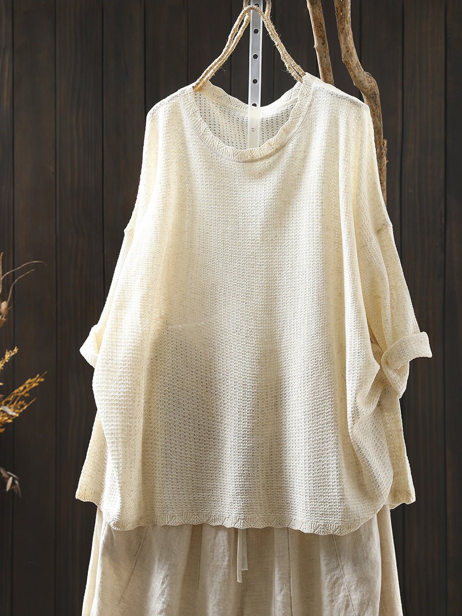 Women Summer Artsy Pure Color Knitted O-Neck Shirt