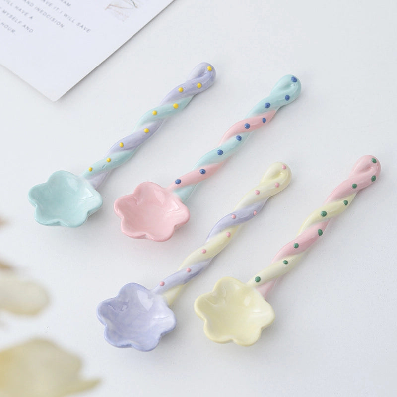 Ceramic Long Handle Spoon Household Spoon High-looking Cute Style Mixing Spoon Coffee Spoon Girl Heart Spoon