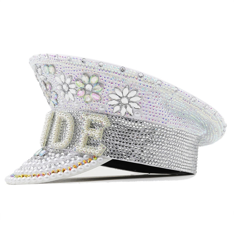 Women's Fashion Letter Rhinestone Curved Eaves Military Hat