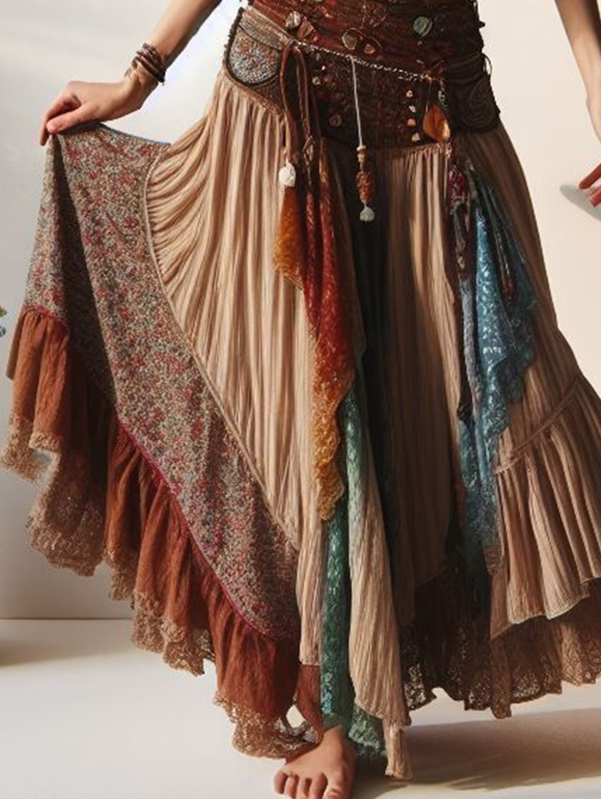 Boho Patchwork Floral Lace Trim Tiered Maxi Skirt