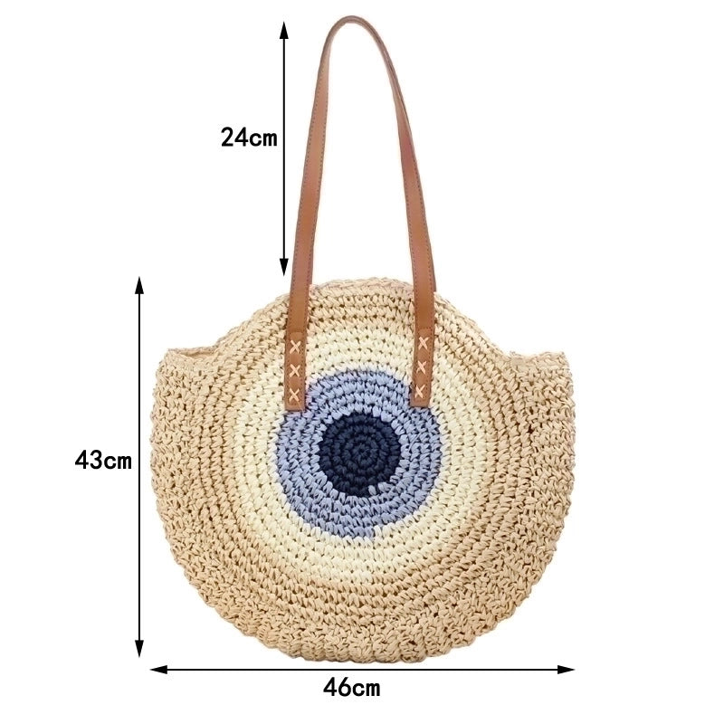 Women's Large Straw Stripe Vacation Round Zipper Straw Bag