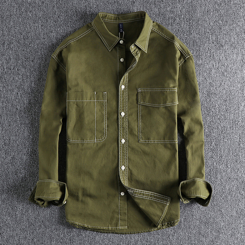 Vintage Cotton Single-Breasted Workwear Long-Sleeve Shirt