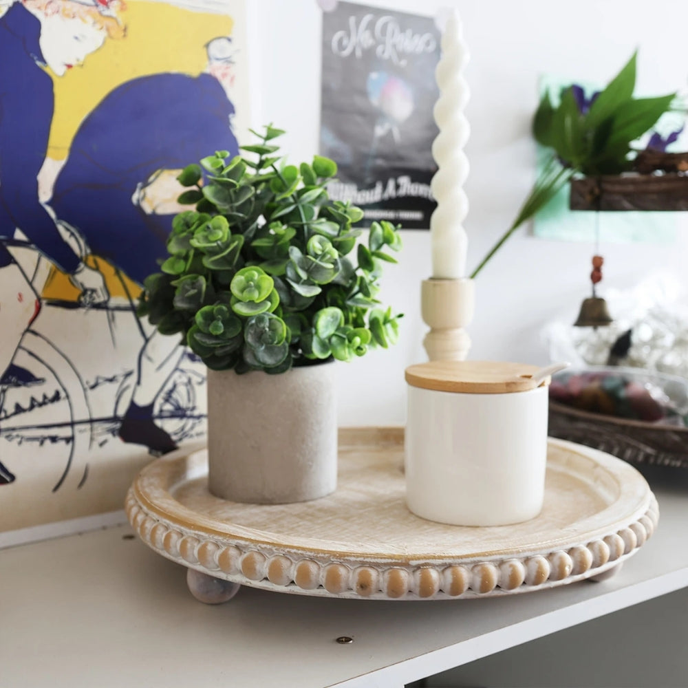 Versatile Round Wooden Beaded Edges Serving Tray