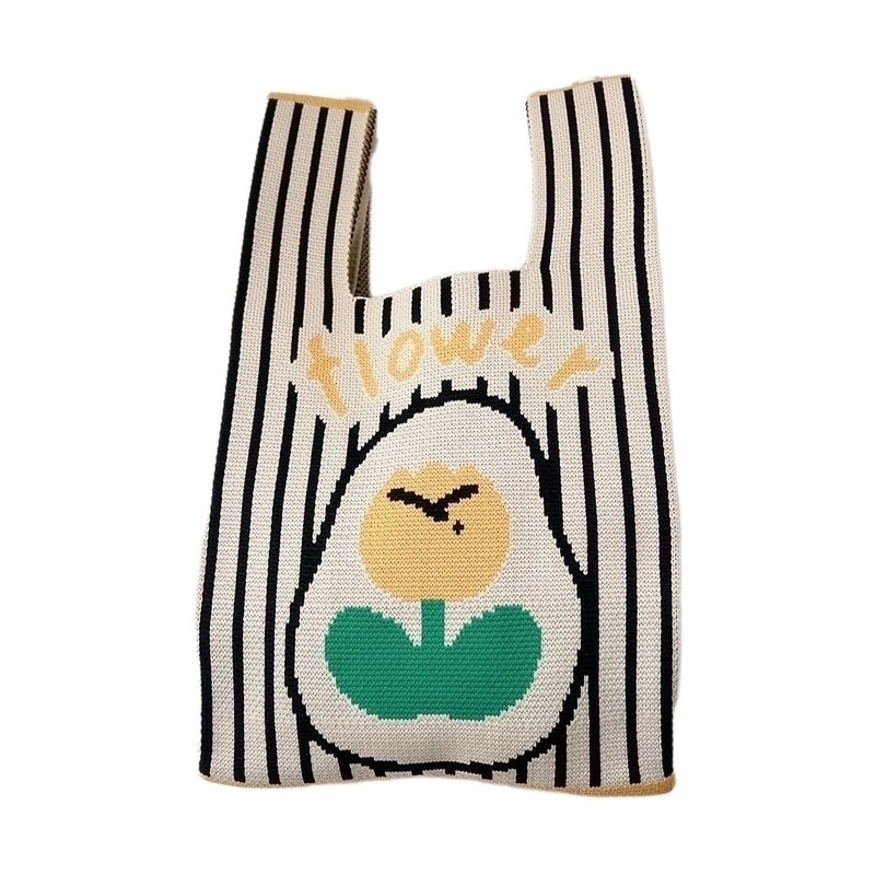 Women's Small Knit Stripe Fruit Cute Basic Weave Open Bucket Bag