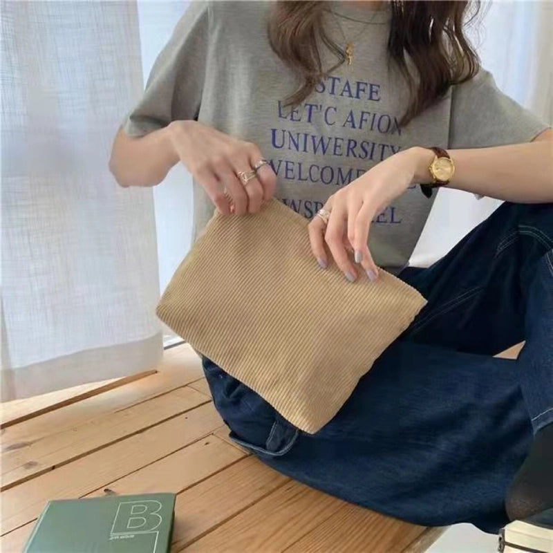 Women's Corduroy Solid Color Basic Classic Style Square Zipper Cosmetic Bag